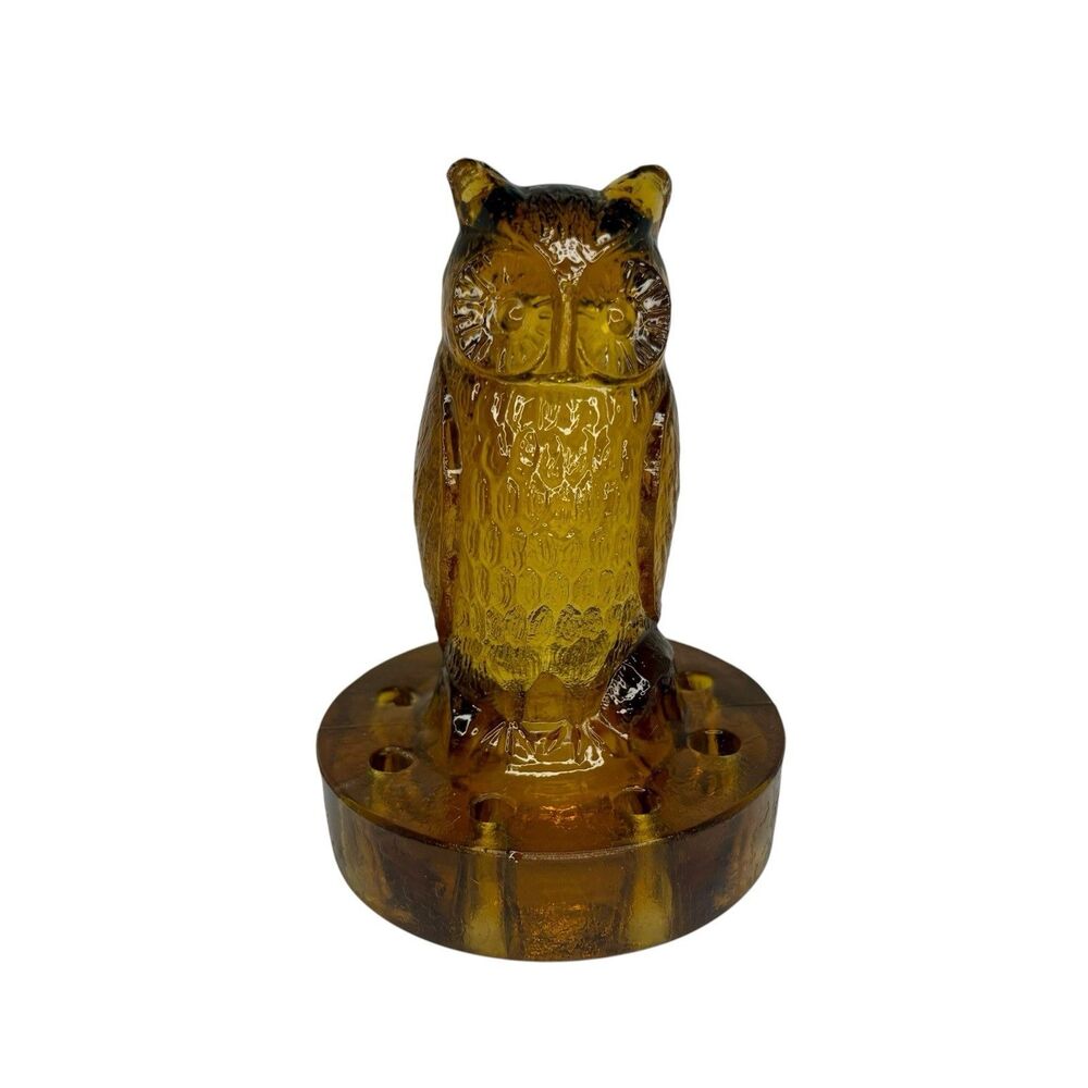 Vintage Owl Flower Frog Amber Figurine Eight Hole Flower Frog Owl - MCM